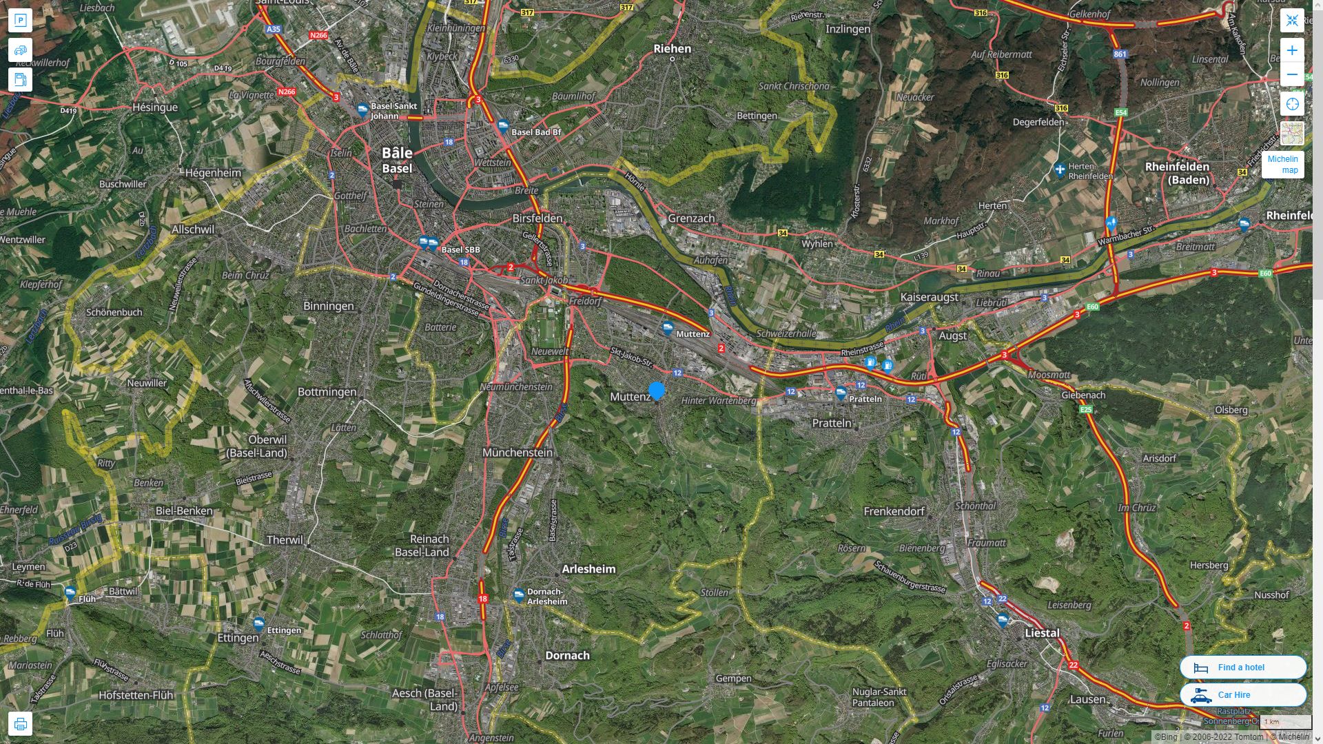 Muttenz Suisse Autoroute et carte routiere avec vue satellite